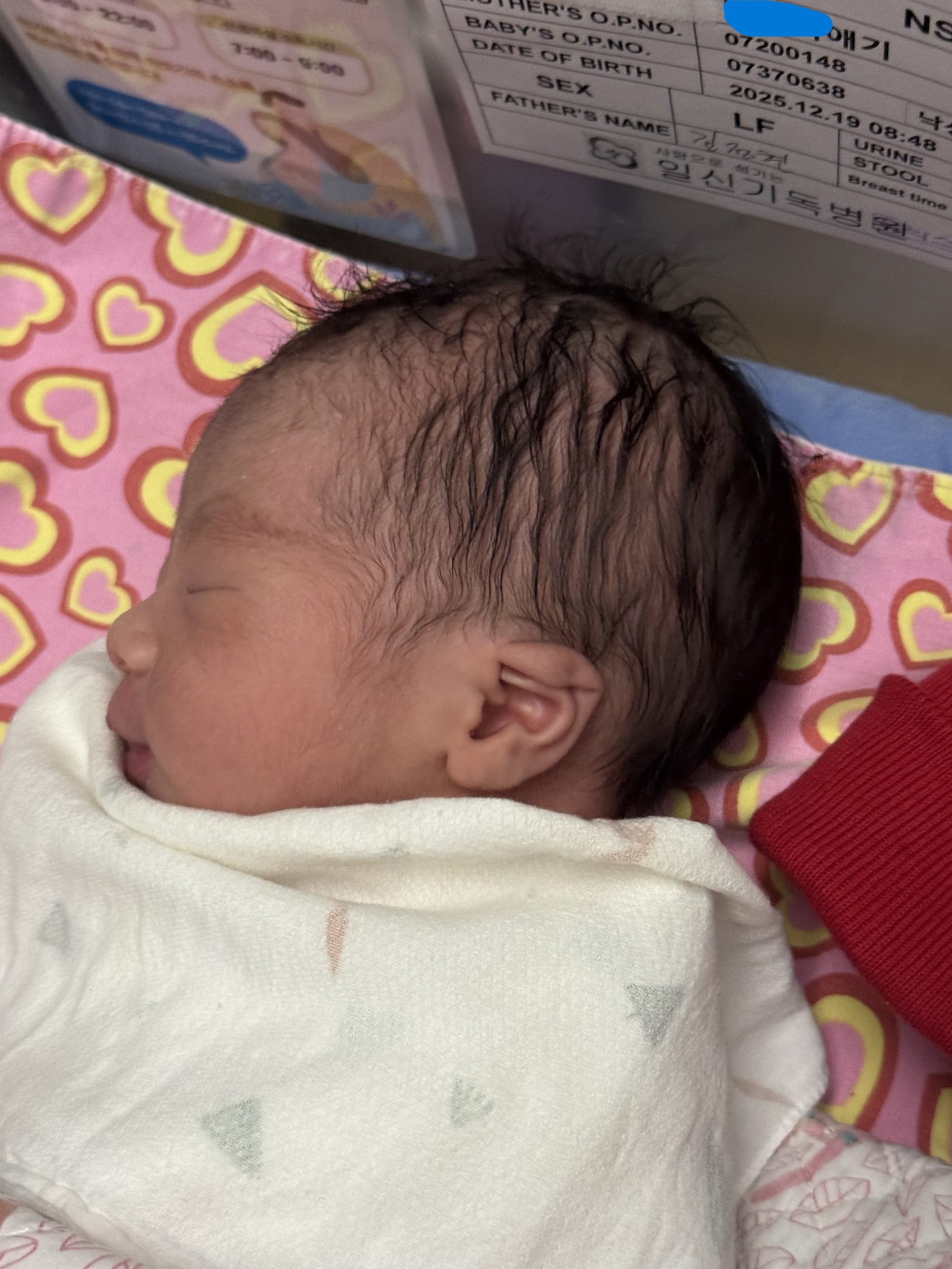 2025년 12월 19일 일신기독병원에서 태어난 지유. 신생아실 차트에 출생일 2025.12.19 08:48, 일신기독병원 직인이 찍혀 있음
