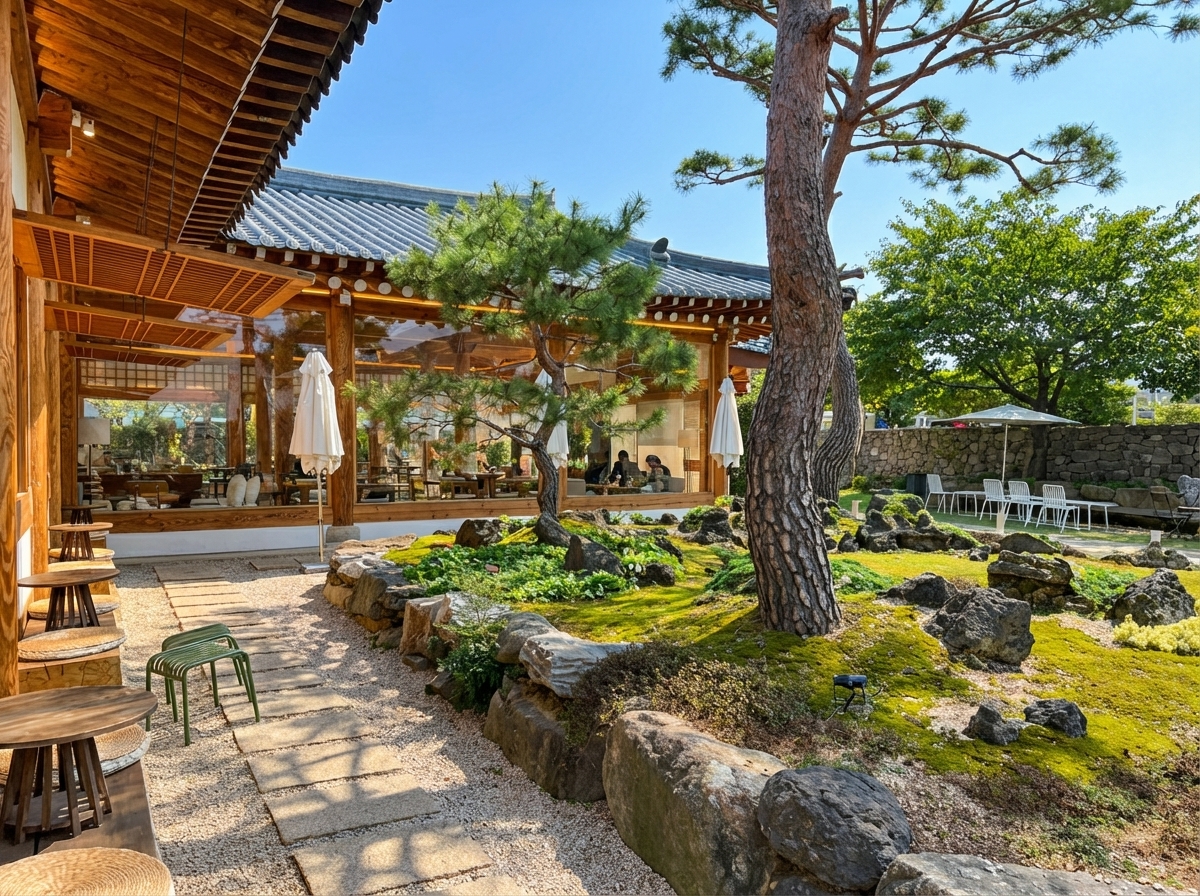 부산 강서구 토북베이커리의 고즈넉한 한옥 외관과 잘 가꾸어진 야외 정원 풍경